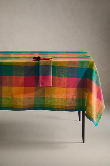 MULTICOLOURED CHECK LINEN TABLECLOTH - Green by Zara - Image 4