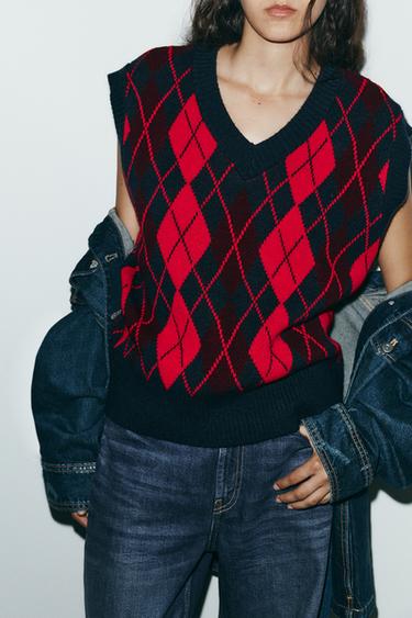 ARGYLE KNIT OVERSIZE WAISTCOAT - red/navy by Zara - Image 2