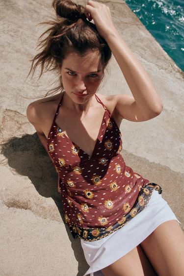 Zara BEADED PRINT GEORGETTE HALTER TOP - Maroon