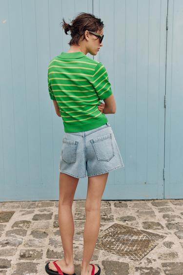 POLO EN MAILLE À RAYURES ET MANCHES COURTES - Vert de Zara - Image 4
