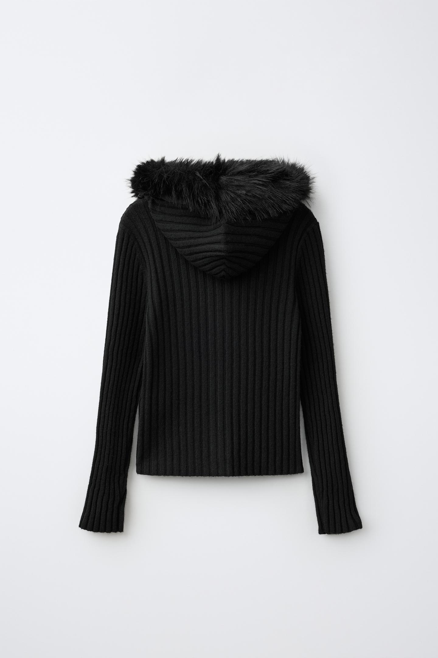 Детские свитеры Zara Faux-Fur Detail Collar Cardingan, цвет: Чёрный — фото 3