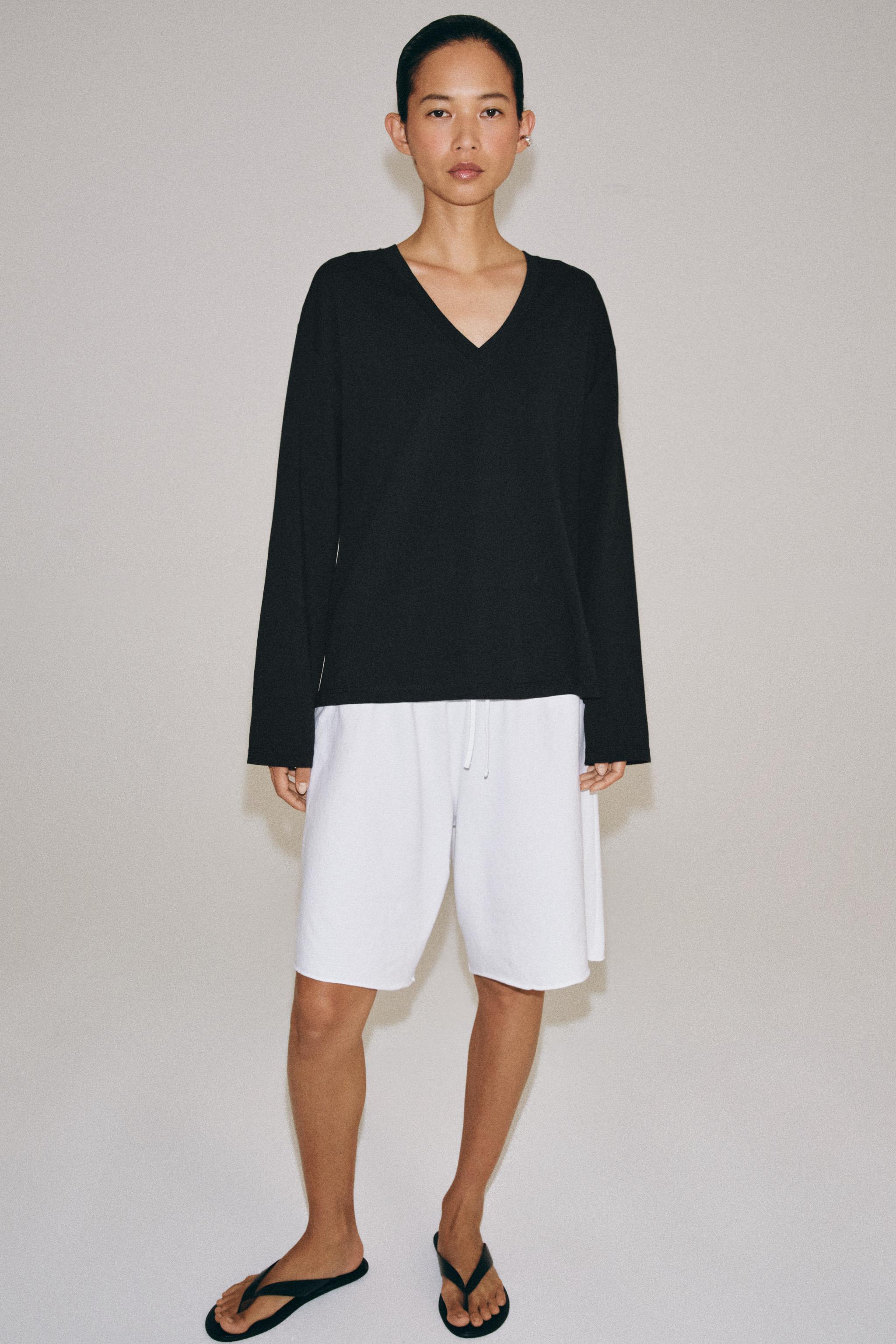 COTTON V-NECK T-SHIRT — Black
