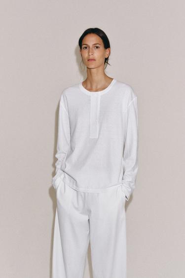 Zara LINEN BLEND HENLEY SHIRT - White