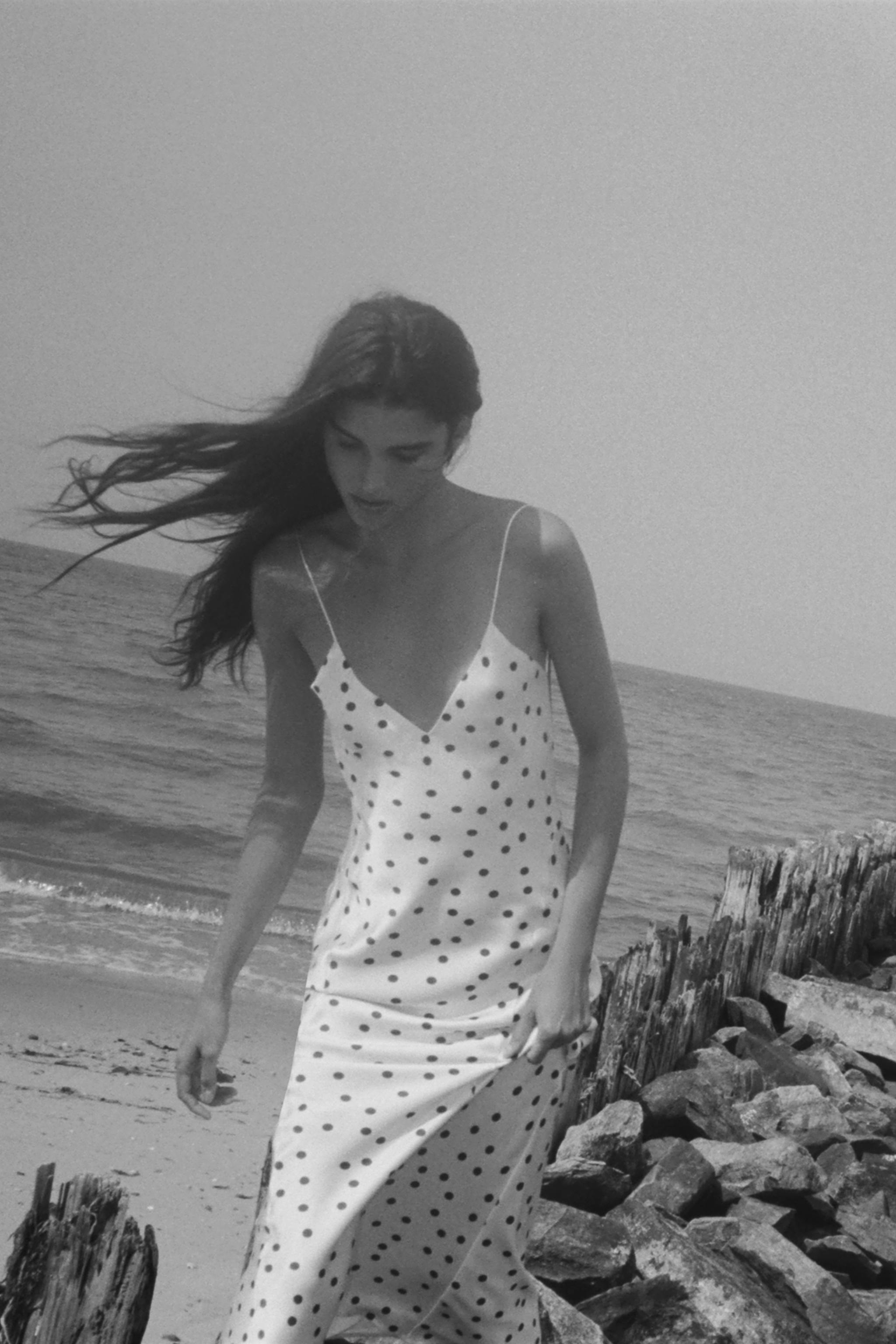 POLKA DOT SATIN MIDI DRESS Ecru Brown ZARA United Kingdom