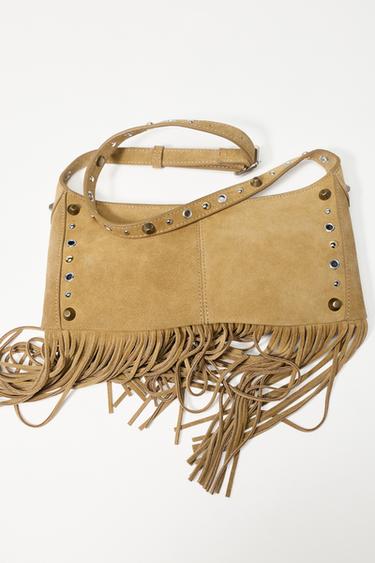 SPLIT SUEDE HANDBAG WITH FRINGING - Dark tan by Zara