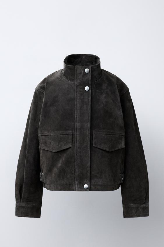 CAZADORA 100% PIEL BOLSILLOS - kaki oscuro de Zara - Imagen 0