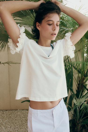 Zara COTTON RUFFLE T-SHIRT - White