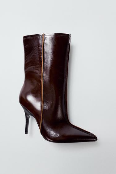 Zara LEATHER POINTED ANKLE BOOTS - Brown