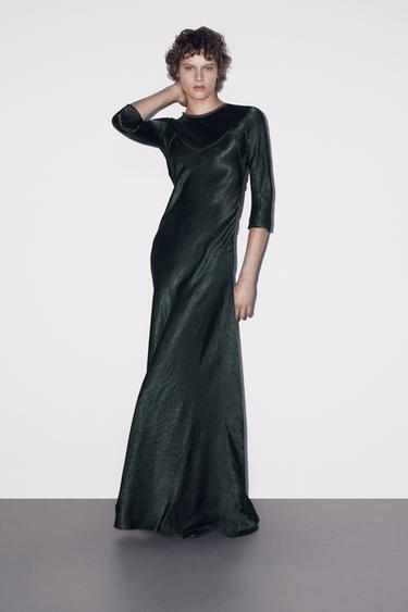 Zara ZW COLLECTION CRINKLE-EFFECT TULLE LONG DRESS - Dark khaki