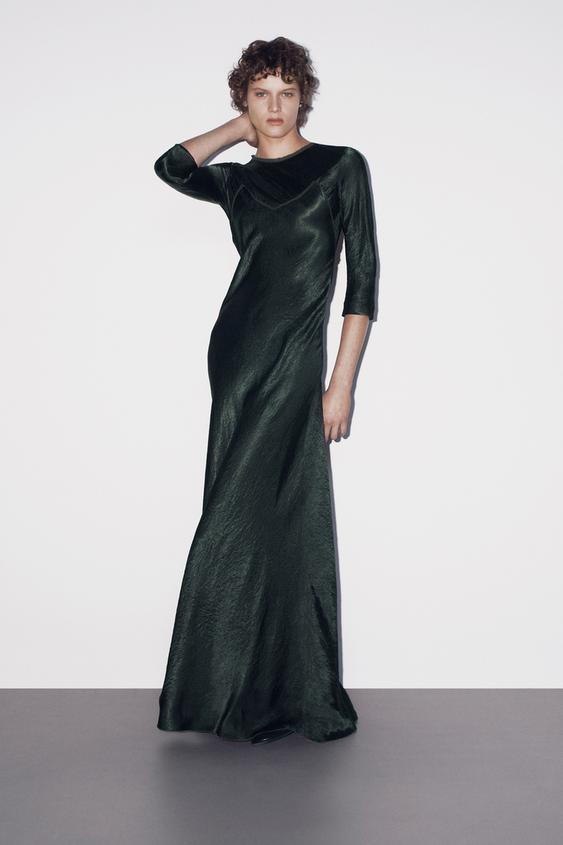 Zara ZW COLLECTION CRINKLE-EFFECT TULLE LONG DRESS - Dark khaki - Image 0