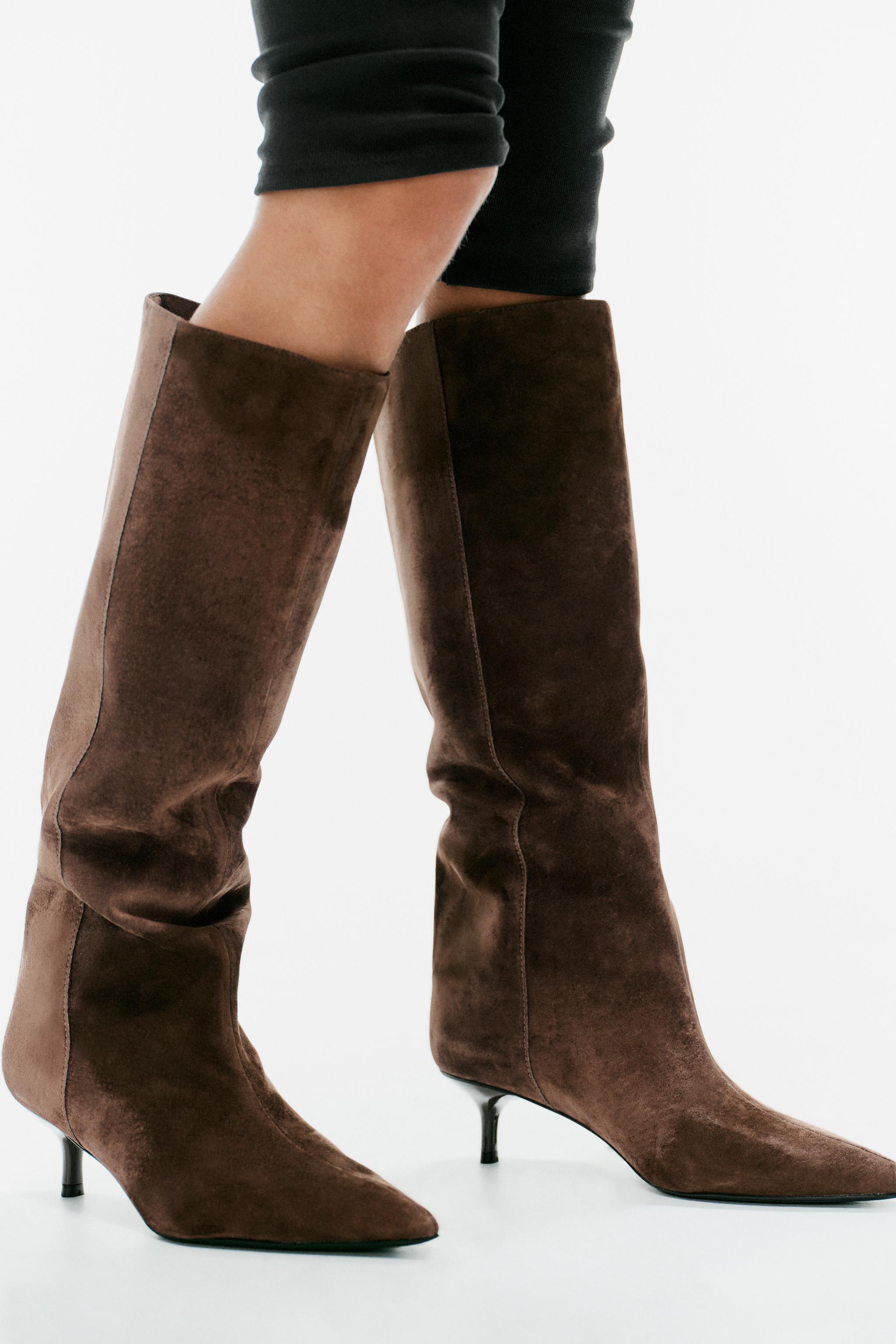 Женские ботинки Zara LEATHER KITTEN HEEL BOOTS — фото 3