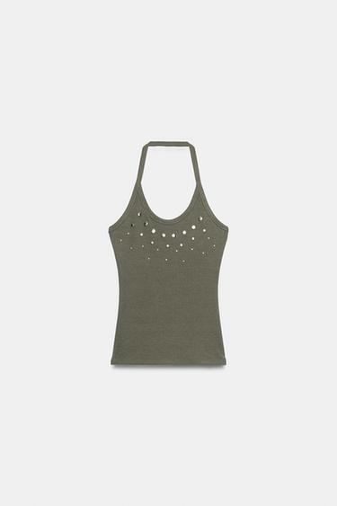 HALTERTOP MET STUDS - Groen van Zara