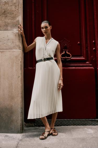 Zara PLEATED BLOUSE WITH CONTRAST TRIM - Ecru