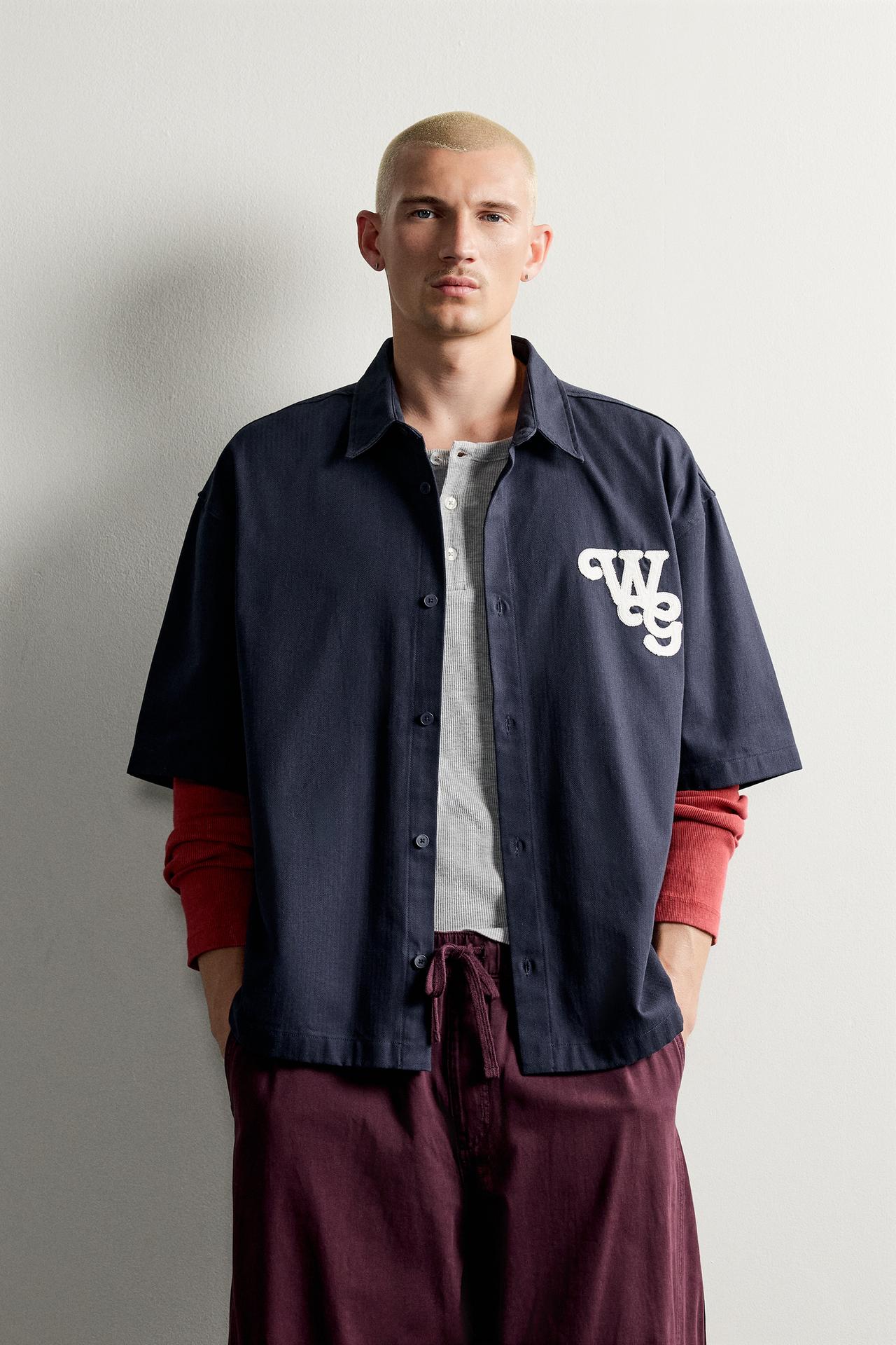 HERRINGBONE PATCH RELAXED SHIRT — Blue