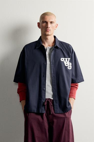 HERRINGBONE PATCH RELAXED SHIRT — Blue 2