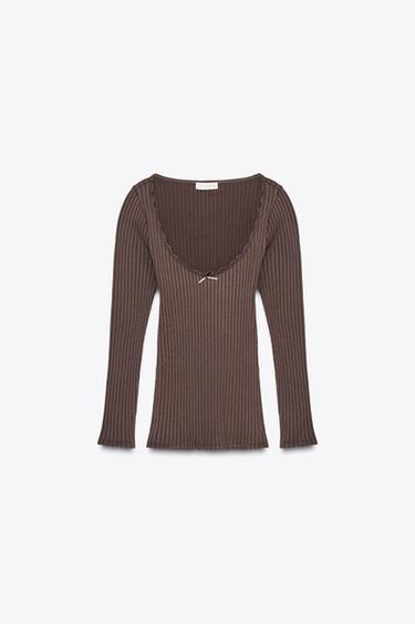 SEAMLESS RIB TOP WITH BOW - Chocolate by Zara