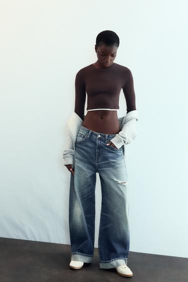 Zara CROPPED DOUBLE EFFECT T-SHIRT - Brown - Image 0