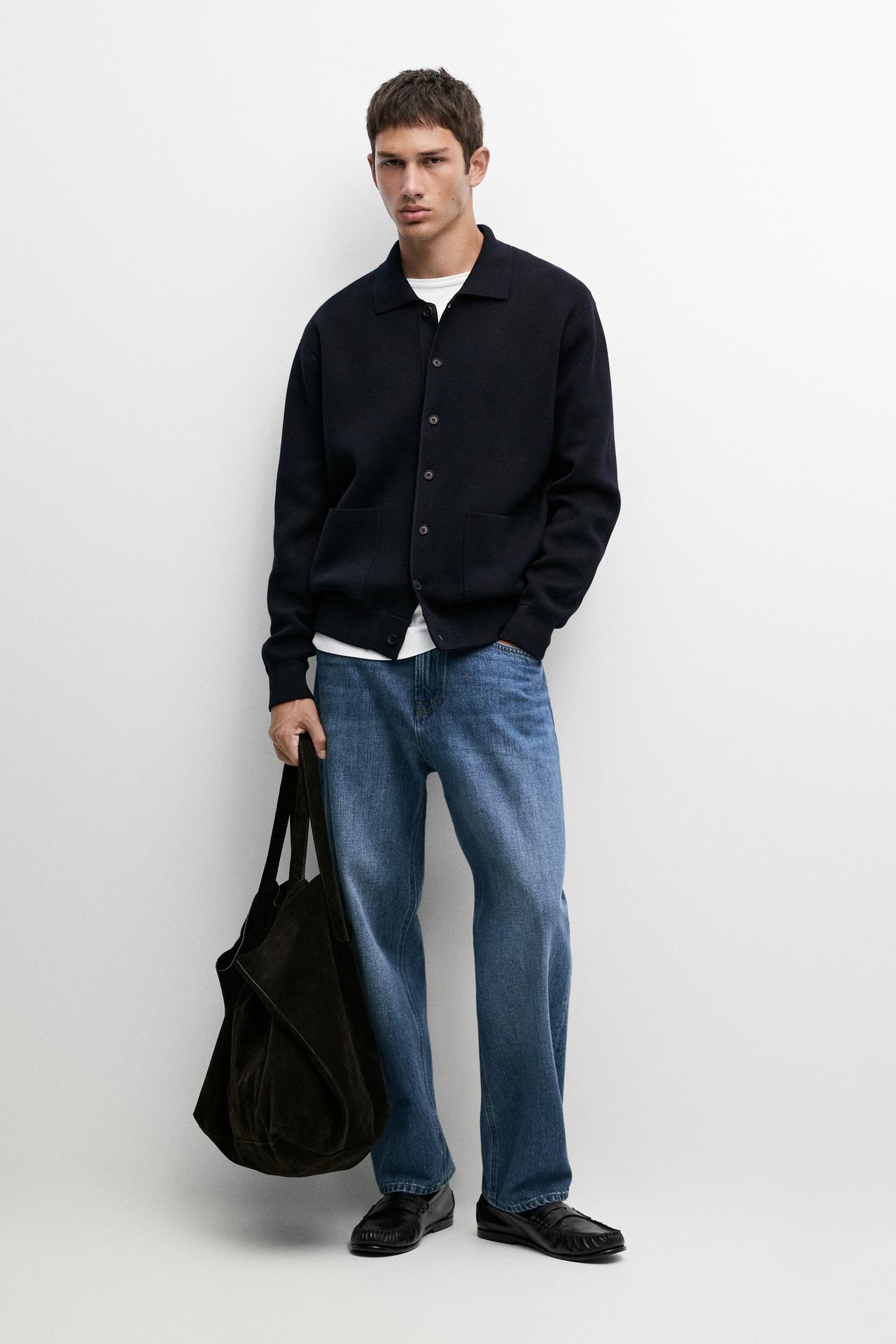 100% cotton knit polo collar cardigan — Navy blue