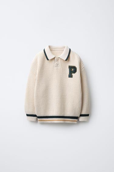 KNIT JUMPER WITH VARSITY PATCH - Ecru by Zara