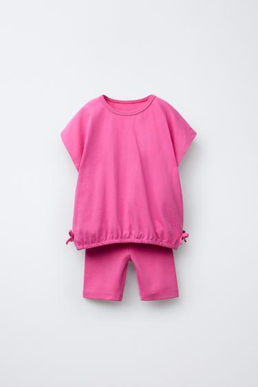 Zara BOW T-SHIRT AND RIBBED BIKER LEGGINGS JOGGING SET - Fuchsia