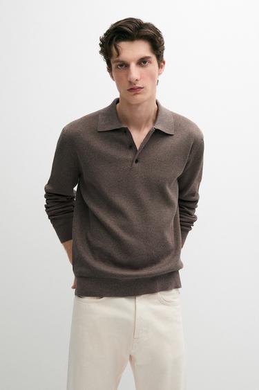 Zara Cotton knit polo sweater with button details - brown vigore