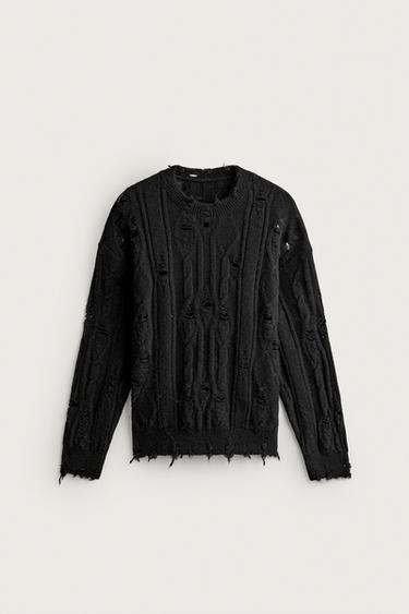LADDERED CABLE KNIT SWEATER — Black 1