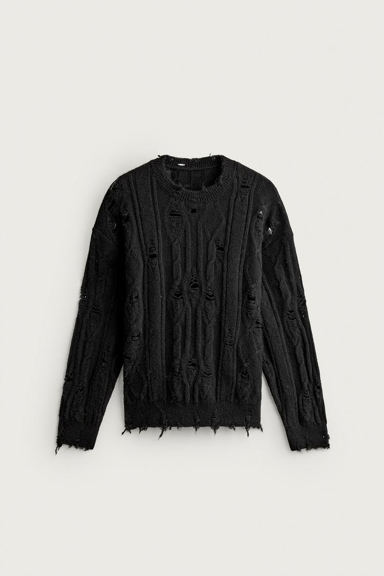 LADDERED CABLE KNIT SWEATER — Black
