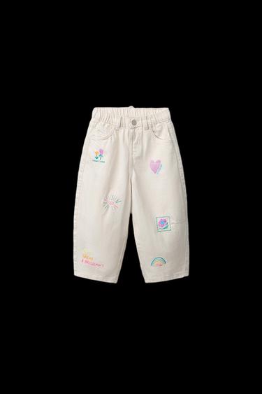 PANTALÓN SARGA BARREL BORDADOS - Crudo de Zara