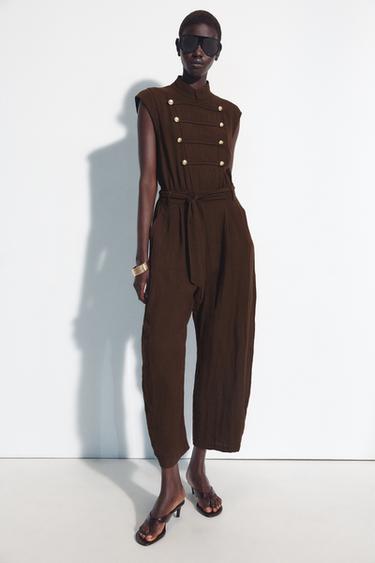 Zara BELTED LONG JUMPSUIT - Brown