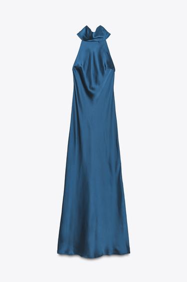 Zara HALTER SATIN EFFECT DRESS - Navy blue