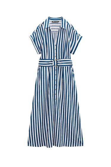 STRIPED LINEN BLEND SHIRT DRESS
