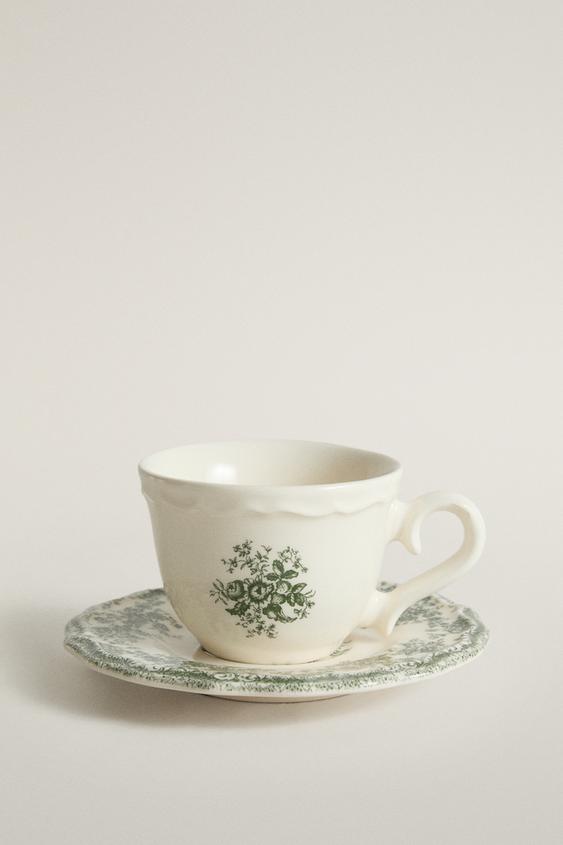 FLORAL COFFEE CUP AND SAUCER - Dark olive by Zara - Image 0