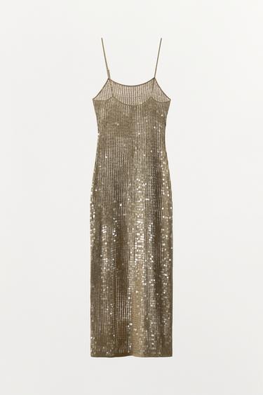 Zara SEQUIN KNIT MIDI DRESS - Golden