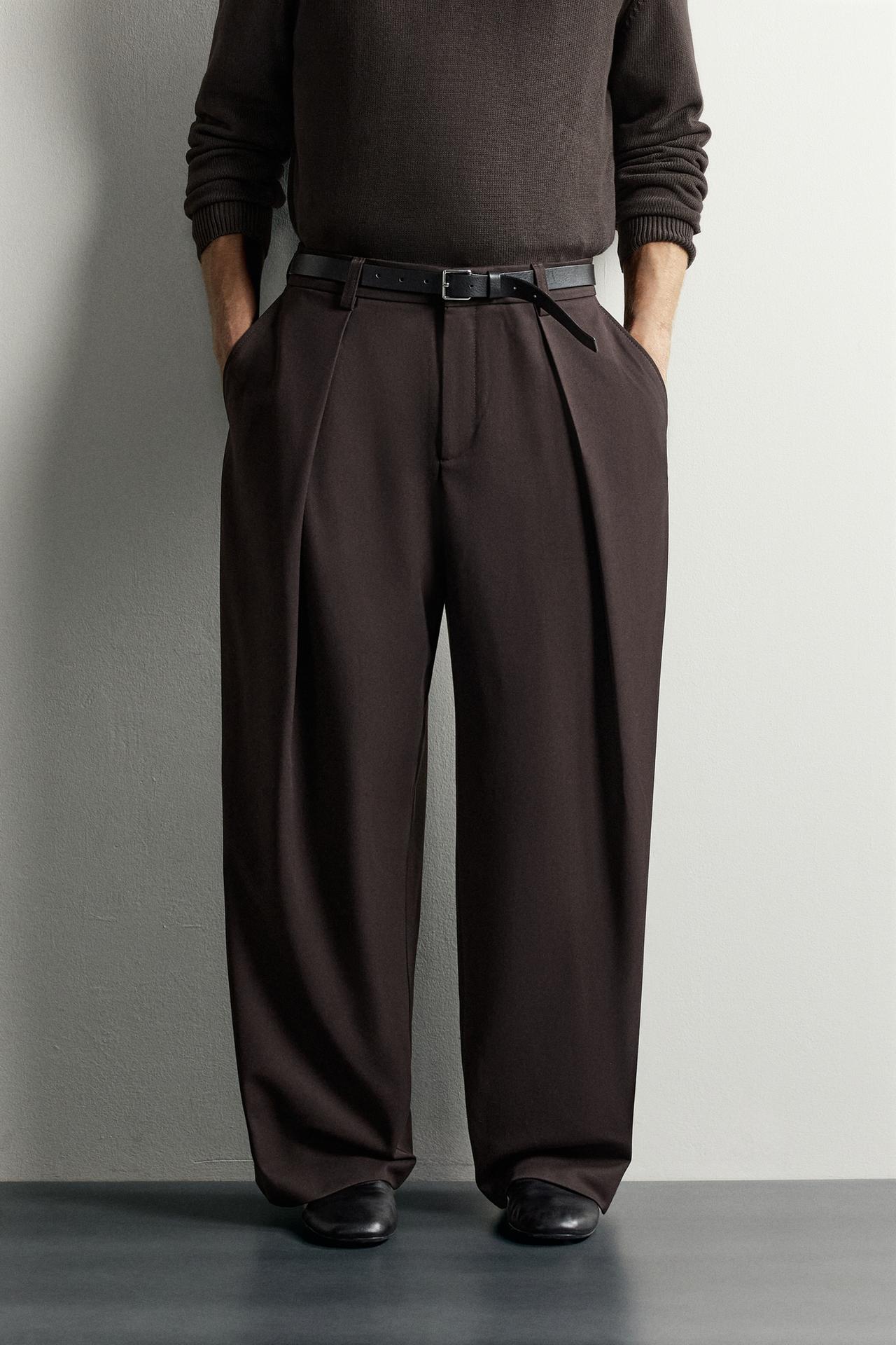 WIDE-FIT INVERTED PLEAT PANTS — Burgundy