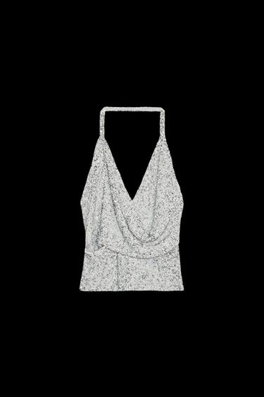 Zara RUCHED SEQUIN TOP - Silver - Image 0