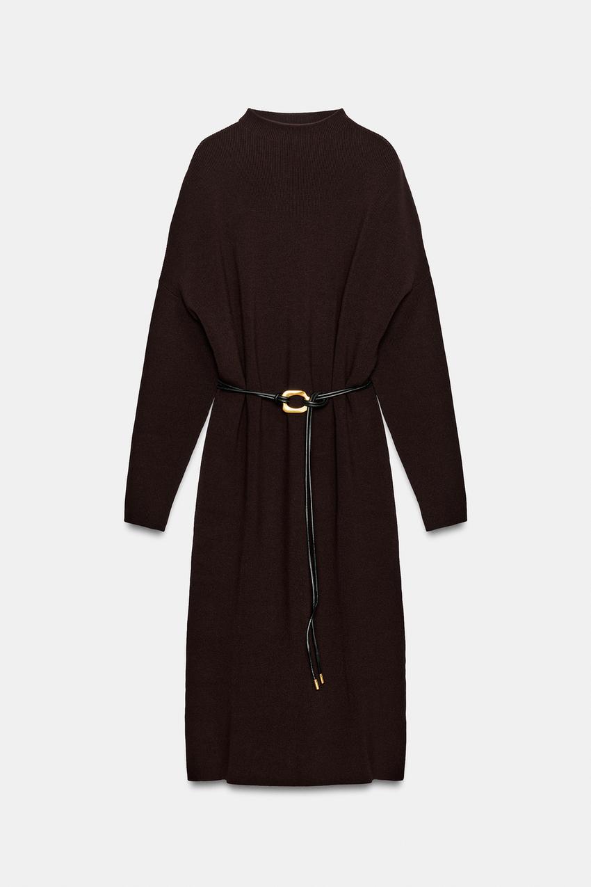 KNIT MIDI DRESS WITH BELT - Burgundy | ZARA New Zealand