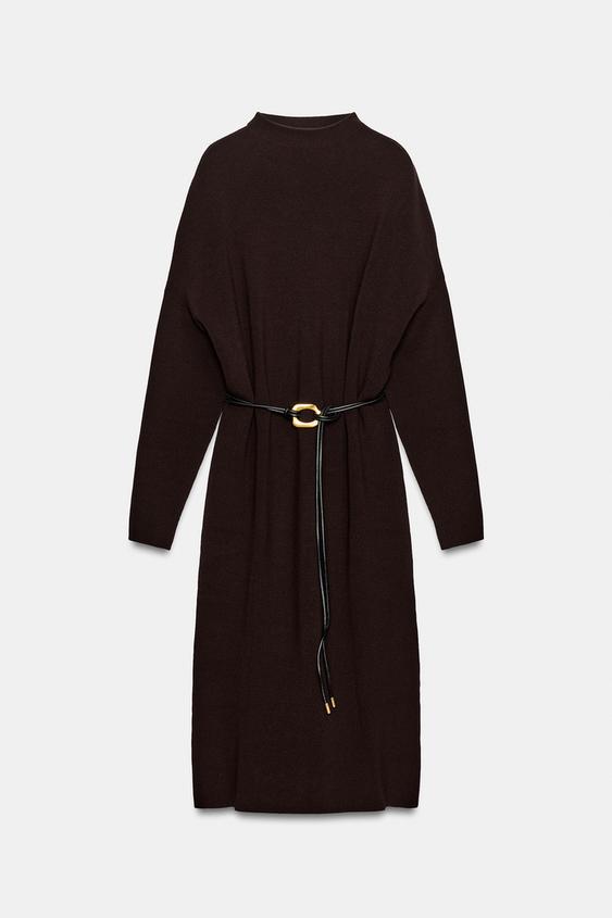 VESTIDO MIDI PUNTO CINTURÓN - Burgundy de Zara - Imagen 0