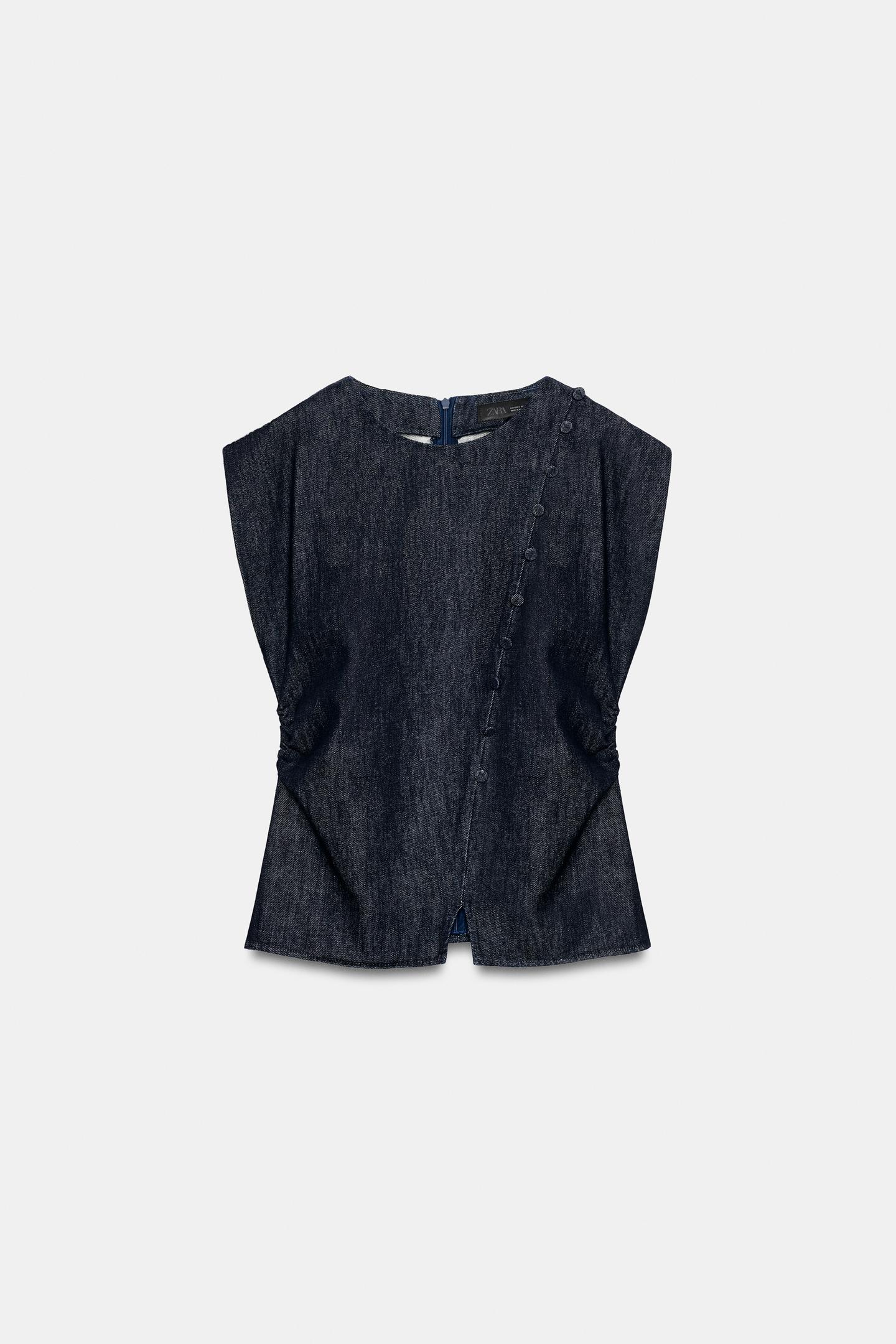 Женский топ Zara Z1975 Denim Top with Covered Buttons, цвет: Синий — фото 5