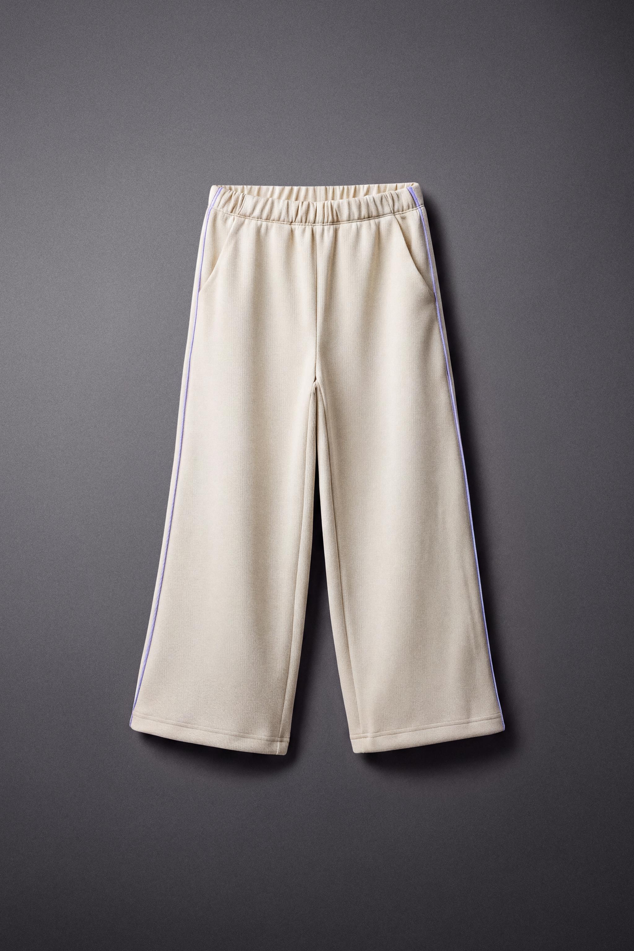 SPORTY STRIPED PIPING WIDE-LEG PANTS — Ecru