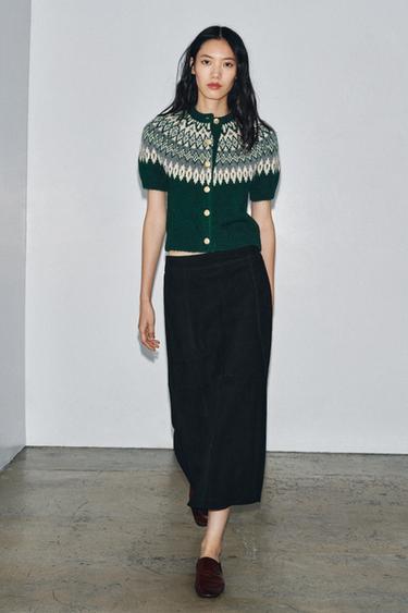 JACQUARD KNIT SHORT SLEEVE CARDIGAN - Green by Zara