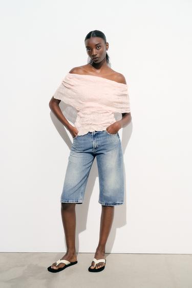 TOP EN MAILLE ÉPAULES DÉNUDÉES EFFET PLISSÉ - Rose pâle de Zara - Image 0