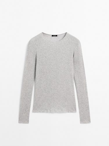 Zara Cotton blend T-shirt with openwork detail - Gray marl