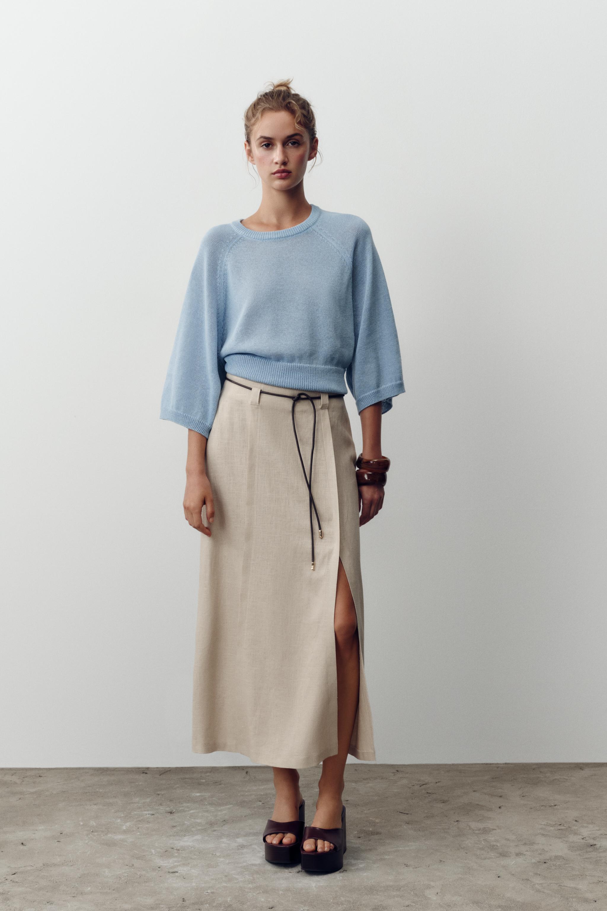 スペイン発送 ZARA リネンミディスカート 上品カジュアル 最新作 スペイン発送 ZARA 100%リネンミディスカート ZWコレクション