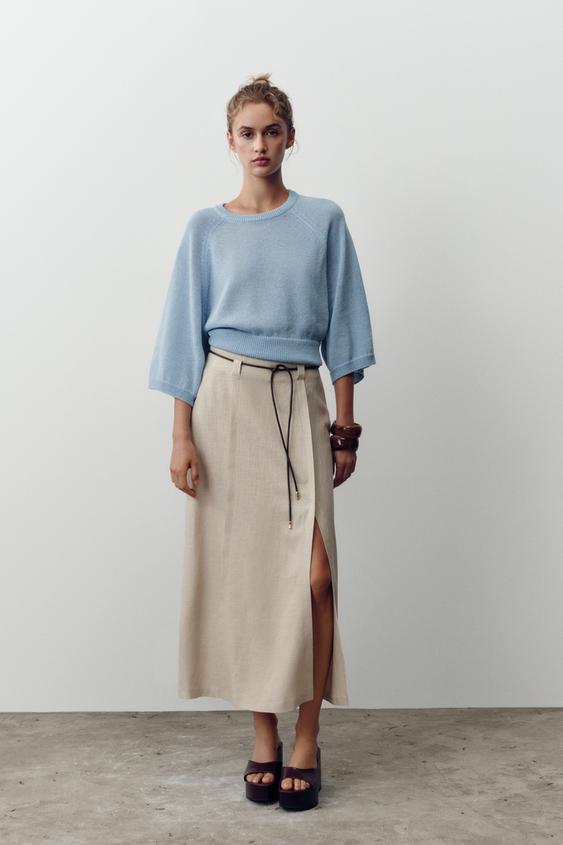 LINEN BELTED MIDI SKIRT