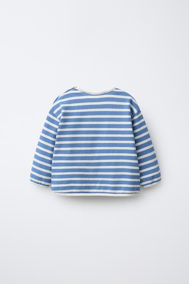 T-SHIRT À RAYURES CÔTELÉES - Écru / Bleu de Zara - Image 1