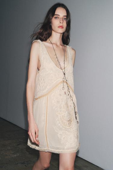 Zara ZW COLLECTION EMBROIDERED DRESS - Ecru