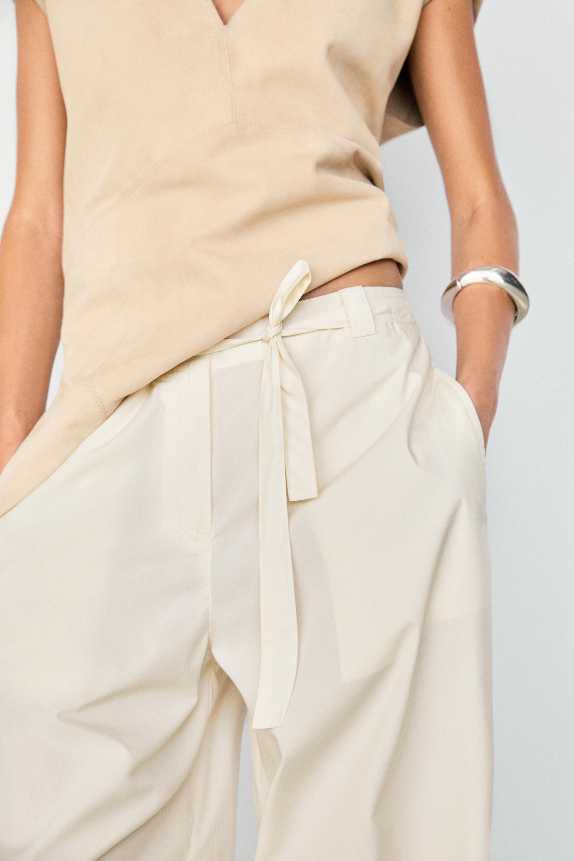Cotton blend pants with tie detail — White