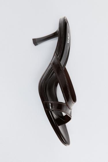 LEATHER STRAPPY HEEL SANDALS - Brown by Zara