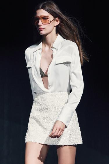 Zara SATIN EFFECT POCKET SHIRT ZW COLLECTION - Oyster-white