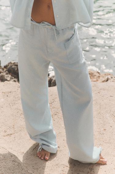Zara DRAWSTRING FLOWY PANTS - Light blue